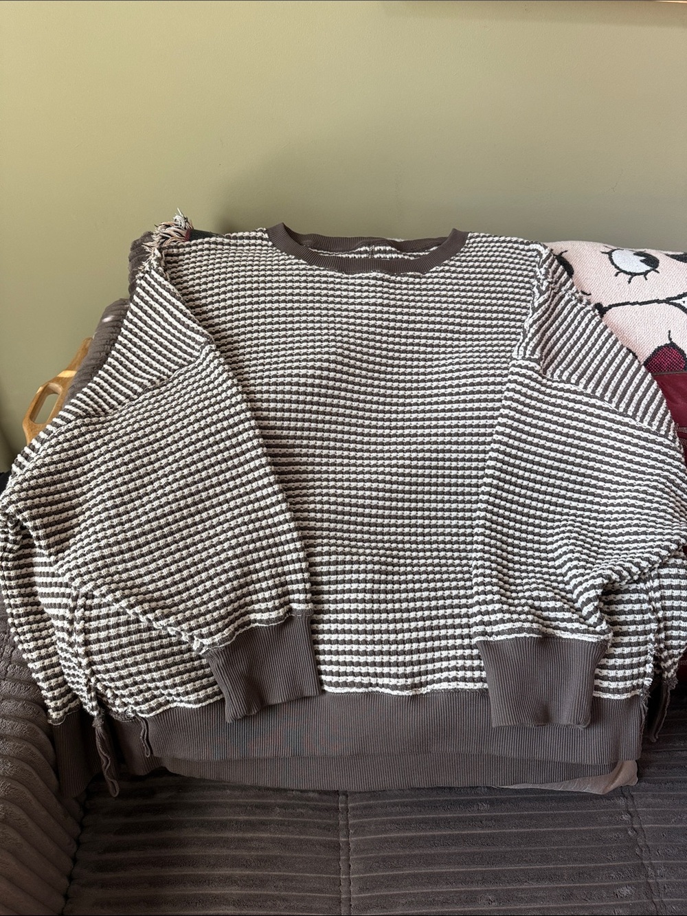 aerie Brown and Cream Striped Ribbed Crewneck Sweater- Soft and Cozy